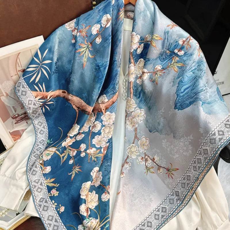 Mulberry Silk 14 Momme Square Scarf Plum Blossom 108x108 cm - Image 2