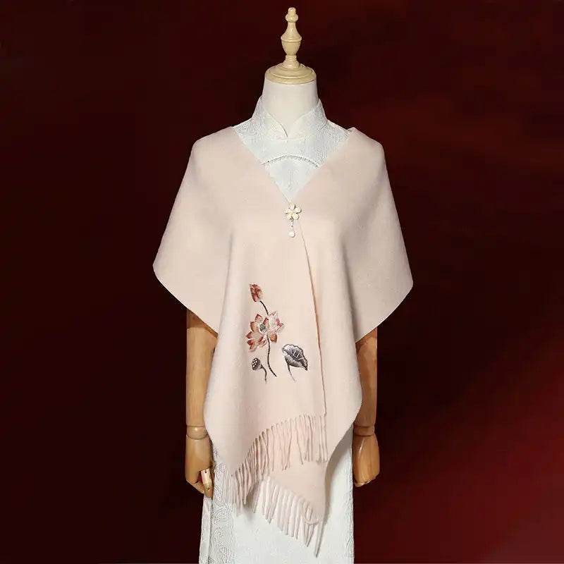 Handcrafted Embroidery Premium 100% Wool Scarf Shawl Lotus 180x30cm - Image 5