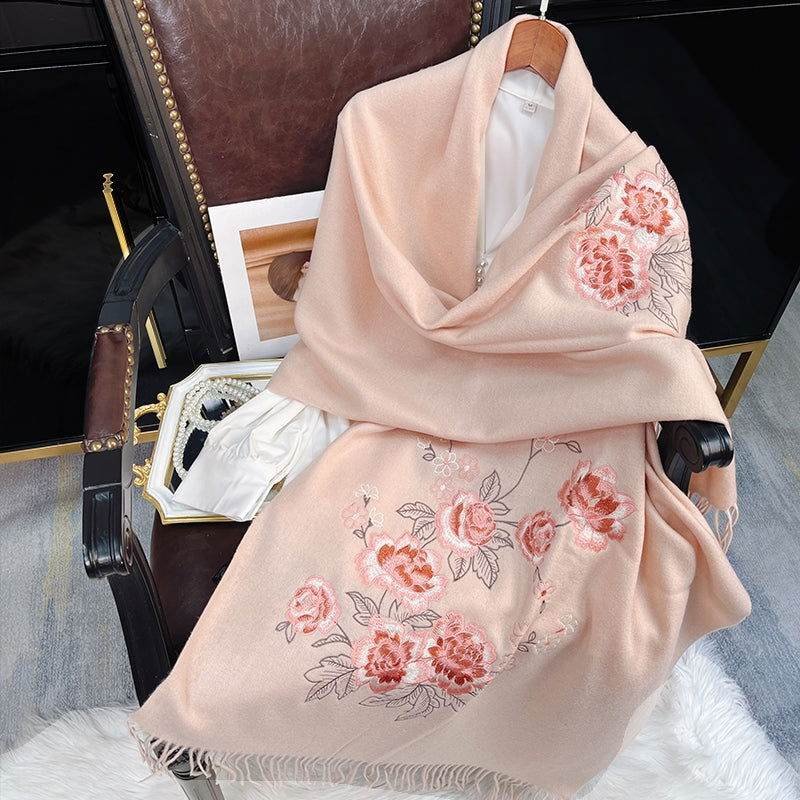 Embroidery 100% Pure Cashmere Scarf Pink Lotus 200x60 cm - Image 2