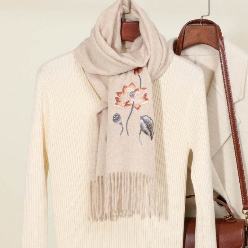 Handcrafted Embroidery Premium 100% Wool Scarf Shawl Lotus 180x30cm - Image 4