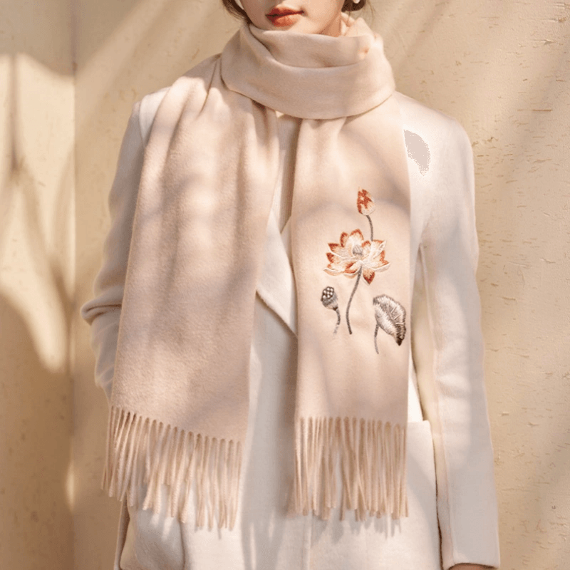 Handcrafted Embroidery Premium 100% Wool Scarf Shawl Lotus 180x30cm - Image 3