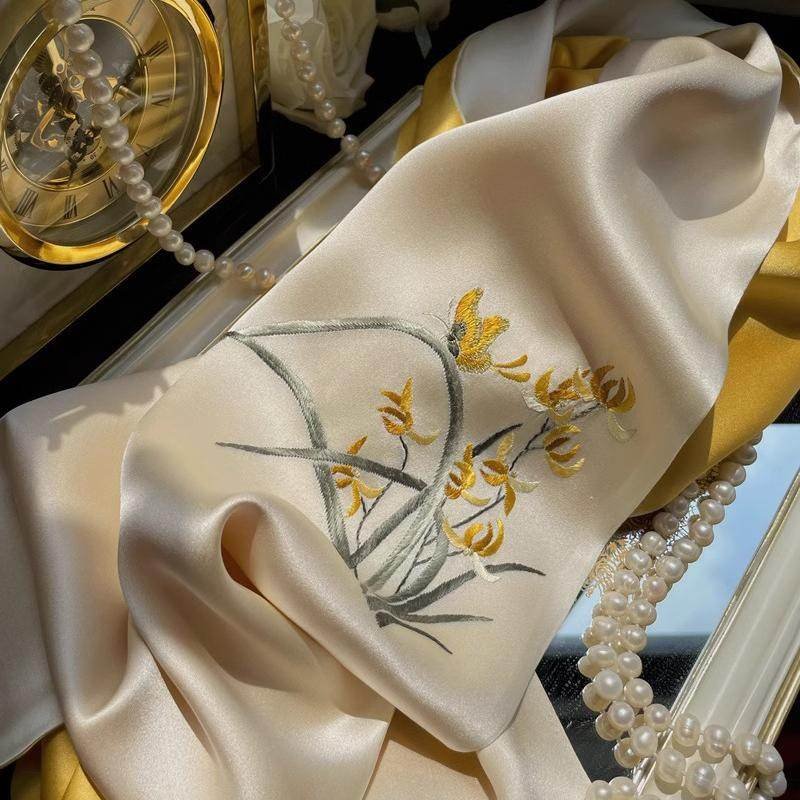 Hand Embroidered Suzhou 16 Momme Silk Scarf Luxury 155x35cm - Image 9