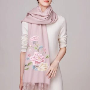 Embroidery Premium 100% Wool Cashmere Scarf Hydrangea Peony Pattern 200 x 70 cm