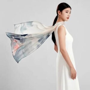 100% Mulberry Silk Ink Lotus Serene Design Long Scarf 180 x 50 Cm