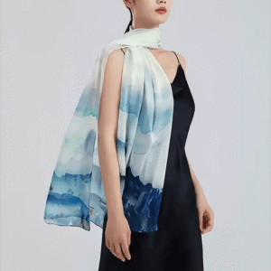 100% Mulberry Silk Ink Wash Landscape Design Long Scarf 180 x 50 Cm